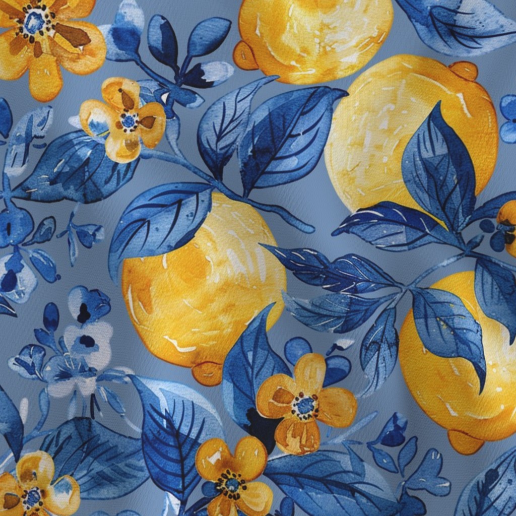 One In A Lemon Blue/Yellow Coastal Lemon Floral On Chambray Blue